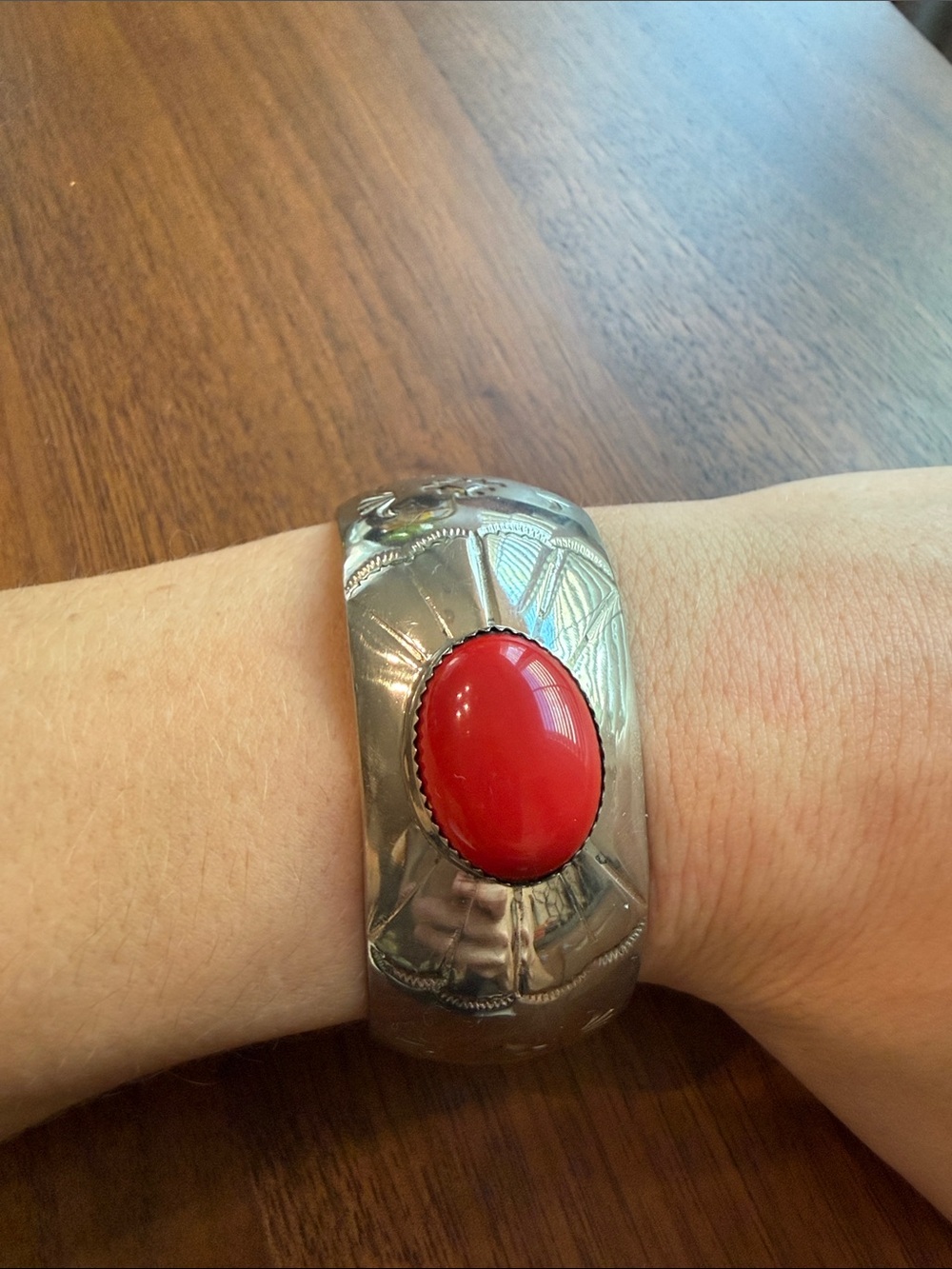 Silver Cuff Bracelet with Red Cabochon